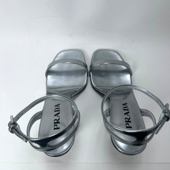 Prada Argento Donna Womens Sandals Metallic Leather Strappy Heels Size 38 US8 - Picture 16 of 16